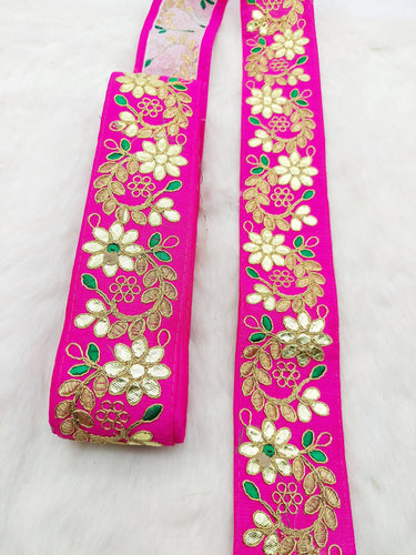 Fuchsia Pink Art Silk Fabric Trim, Green & Gold Floral Embroidery Gota Patti Indian Sari Border Trim By Yard Decorative Trim Craft Lace